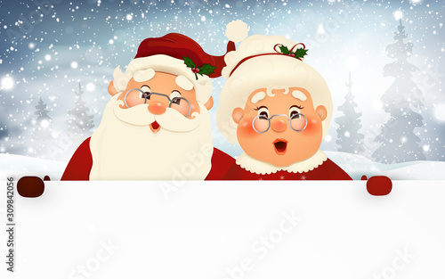 Mrs. Claus Together. Vector cartoon character of Happy Santa Claus and his wife with signboard, advertisement banner. Cute Santa Claus and Mrs. Claus with white copy space, falling snow.