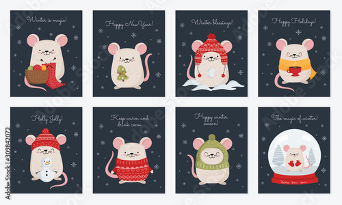 Vector collection of cards with hand drawing cute winter rats in cozy clothes. Creative banner with funny mice for New 2020 Year. © Alexandra