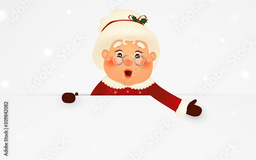 Happy Mrs. Claus cartoon character standing behind a blank sign, showing on big blank sign with falling snow. Cute, cheerful Mrs. Claus with white copy space. vector illustration