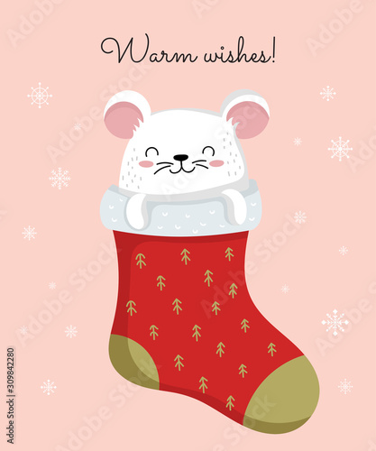 Vector poster with hand drawing cute winter rat in cozy clothes. Creative banner with funny mouse for New 2020 Year.