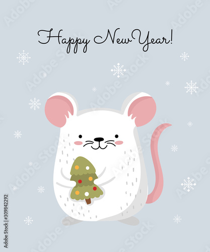 Vector poster with hand drawing cute winter rat and tree. Creative banner with funny mouse for New 2020 Year. © Alexandra