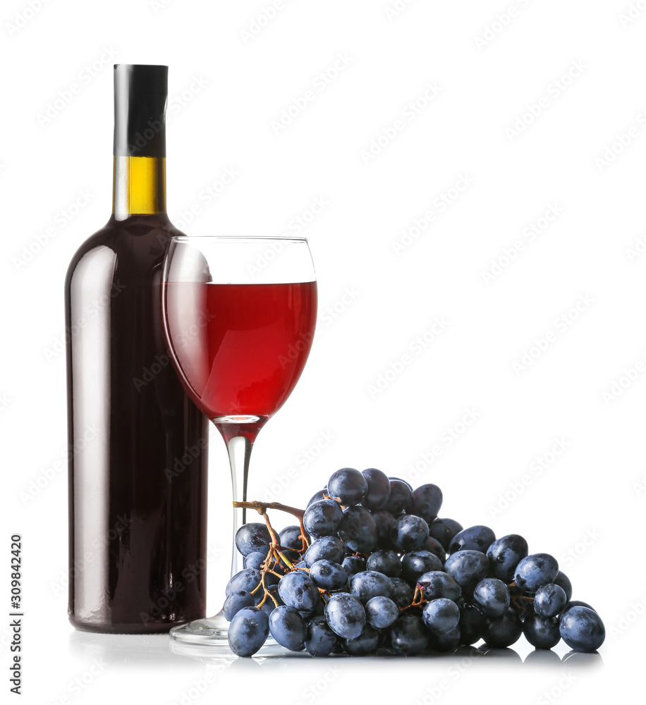 Fototapeta premium Bottle and glass of wine on white background