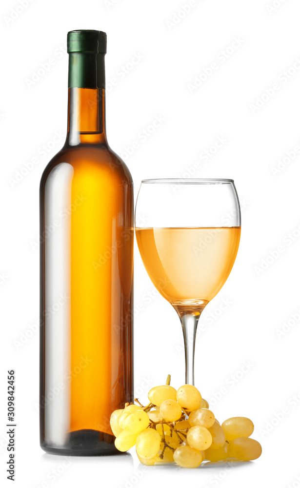 Bottle and glass of wine on white background