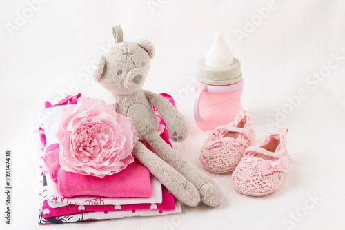 Baby clothes for newborn with a bear. In pink colors for girls. photo