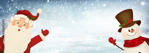 Happy smiling Santa Claus and cute snowman on big blank sign. Christmas background. Cartoon Santa Claus character with white copy space. Holiday winter landscape with firs, light, snow