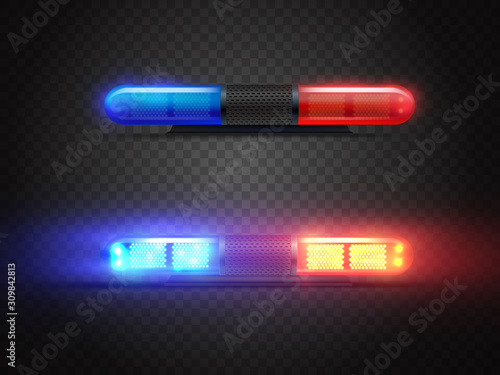 Realistic police led flasher set. Red and blue lights. Transparent beacon for emergency situations.