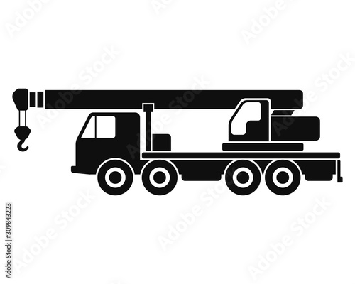 Truck crane icon. Black silhouette. Side view. Vector drawing. Isolated object on a white background. Isolate.