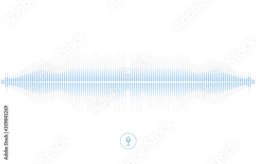 Voice recognition, equalizer, audio recorder. Microphone button with sound wave. Symbol of intelligent technology.   Hi-tech AI assistant voice, background wave flow, equalizer. Vector illustration