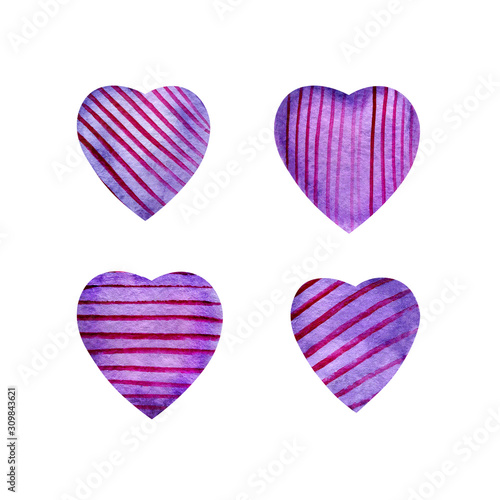 Set of watercolor violet hearts.