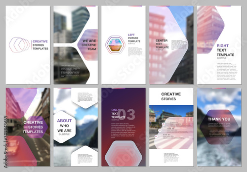 Creative social networks stories design, vertical banner or flyer templates with hexagonal design colorful pattern background. Covers design templates for flyer, leaflet, brochure, presentation.