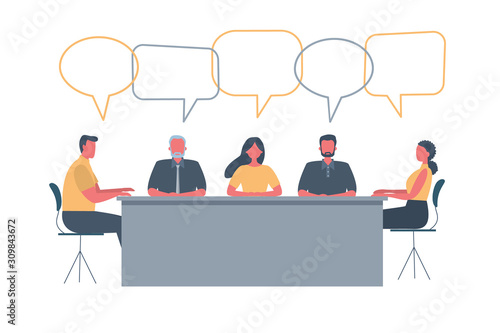 Office workers during the meeting. Employees are sitting at the table in the office. Conference hall. People icons with speech bubbles. Funky flat style. Vector