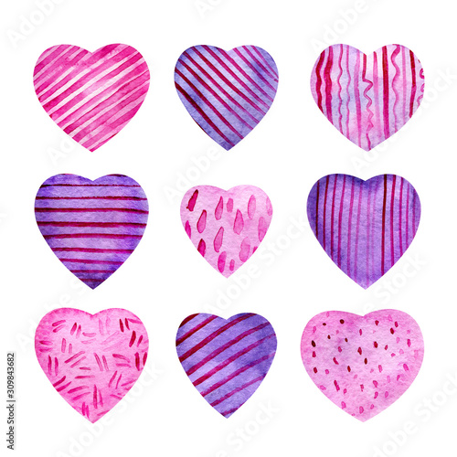 Set of watercolor pink and purple hearts.