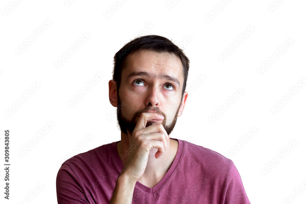 Portrait of the young thinking man looks up with hand near face - isolated on white Portrait of the young thinking man looks up with hand near face - isolated on white
