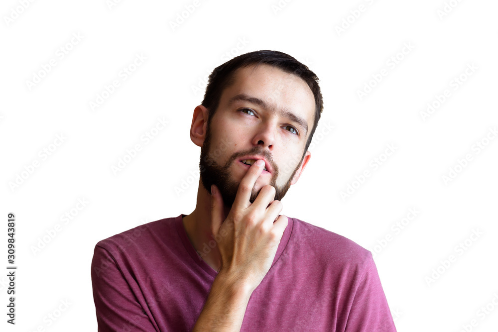 Portrait of the young thinking man looks up with hand near face - isolated on white Portrait of the young thinking man looks up with hand near face - isolated on white