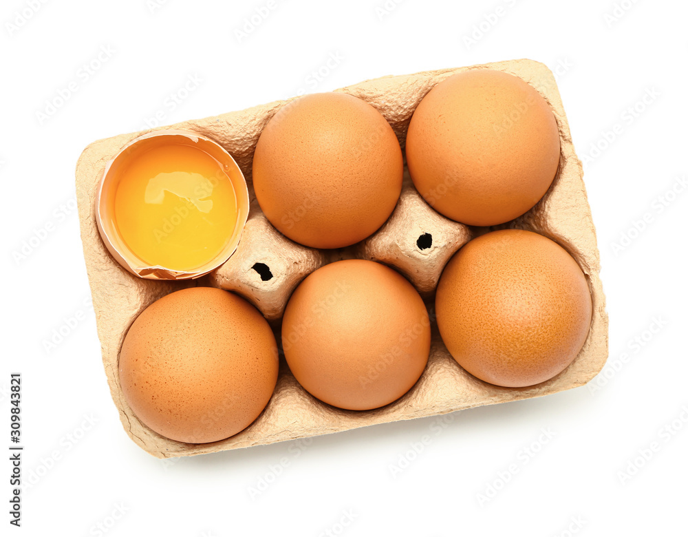 Package with fresh eggs on white background Package with fresh eggs on white background