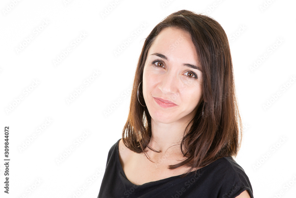 Portrait of pretty businesswoman brunette on white background