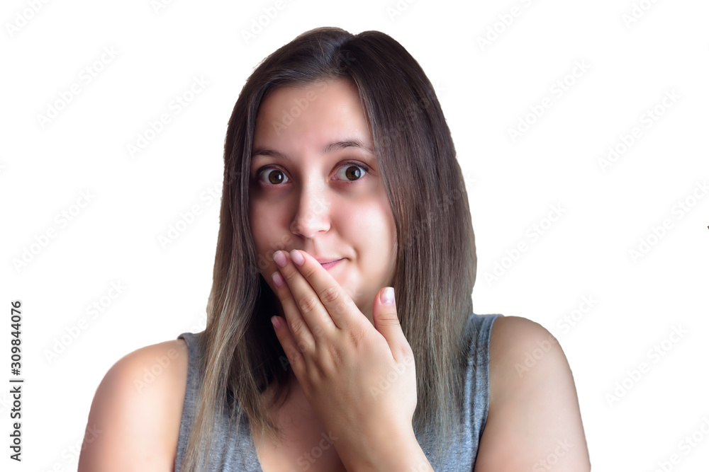picture of amazed brunette girl with hand over mouth isolated over white background picture of amazed brunette girl with hand over mouth isolated over white background