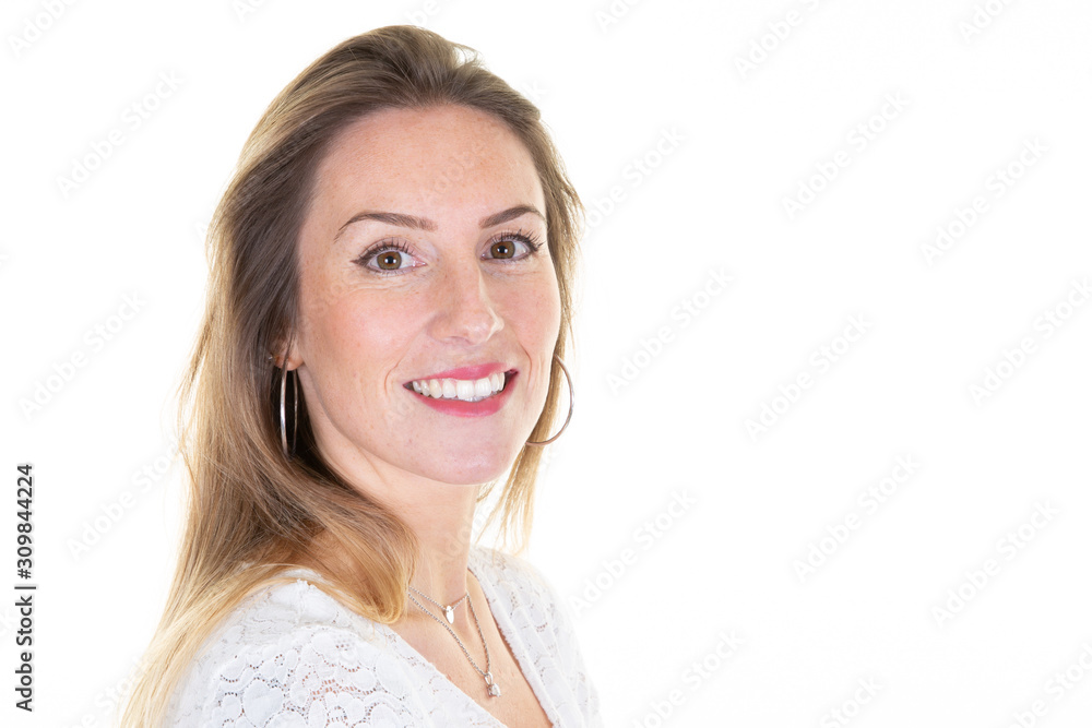 Happy young business woman posing isolated over white copy space wall background Happy young business woman posing isolated over white copy space wall background
