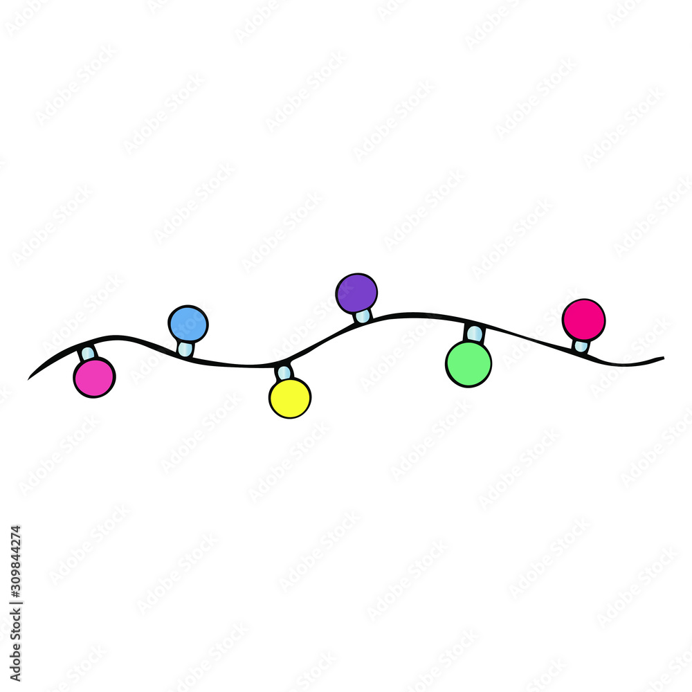 Christmas tree garland. Cartoon style. Vector illustration. Isolated background. Bright Christmas decoration. Electric lights. Decorative decoration from light bulbs. New Year. Festive print. Christmas tree garland. Cartoon style. Vector illustration. Isolated background. Bright Christmas decoration. Electric lights. Decorative decoration from light bulbs. New Year. Festive print.