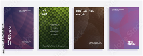 Minimalistic cover design templates. Set of layouts for covers of books, albums, notebooks, reports, magazines. Line halftone gradient effect, flat modern abstract design. Geometric mock-up texture