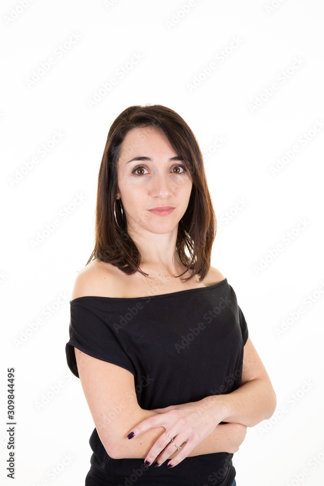 arms crossed business woman posing isolated over white wall background arms crossed business woman posing isolated over white wall background