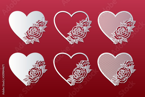 Laser cut hearts set with pattern of roses. Templates for interior design, layouts wedding cards, invitations, Valentine's Day cards. Vector floral hearts.