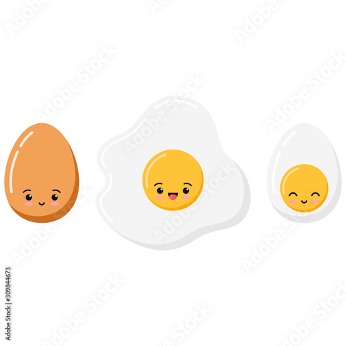 Cute emoji fried, boiled and half eggs icon set isolated on white background.