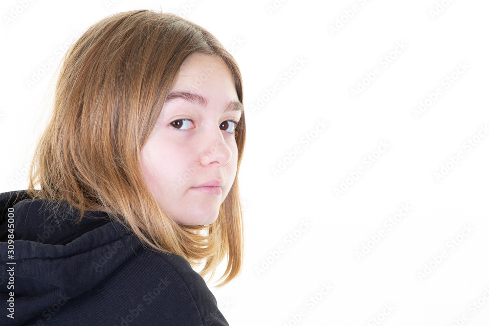 cool young teenager girl with long blonde hair wearing black hoodie sweater in white background with copy space cool young teenager girl with long blonde hair wearing black hoodie sweater in white background with copy space