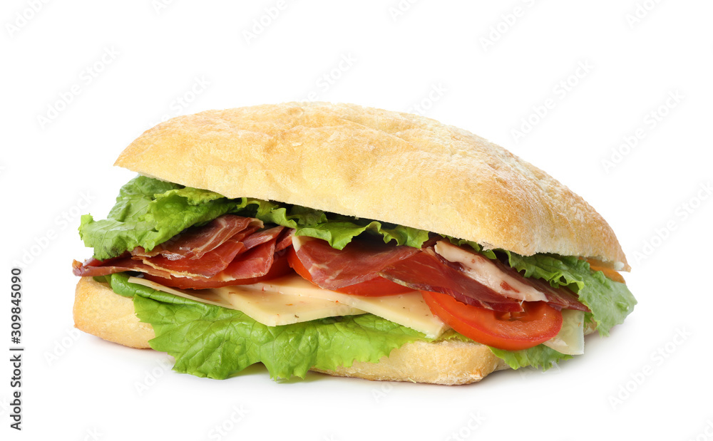 Delicious sandwich with fresh vegetables and prosciutto isolated on white Delicious sandwich with fresh vegetables and prosciutto isolated on white