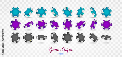 Poker chips in shown from different angles