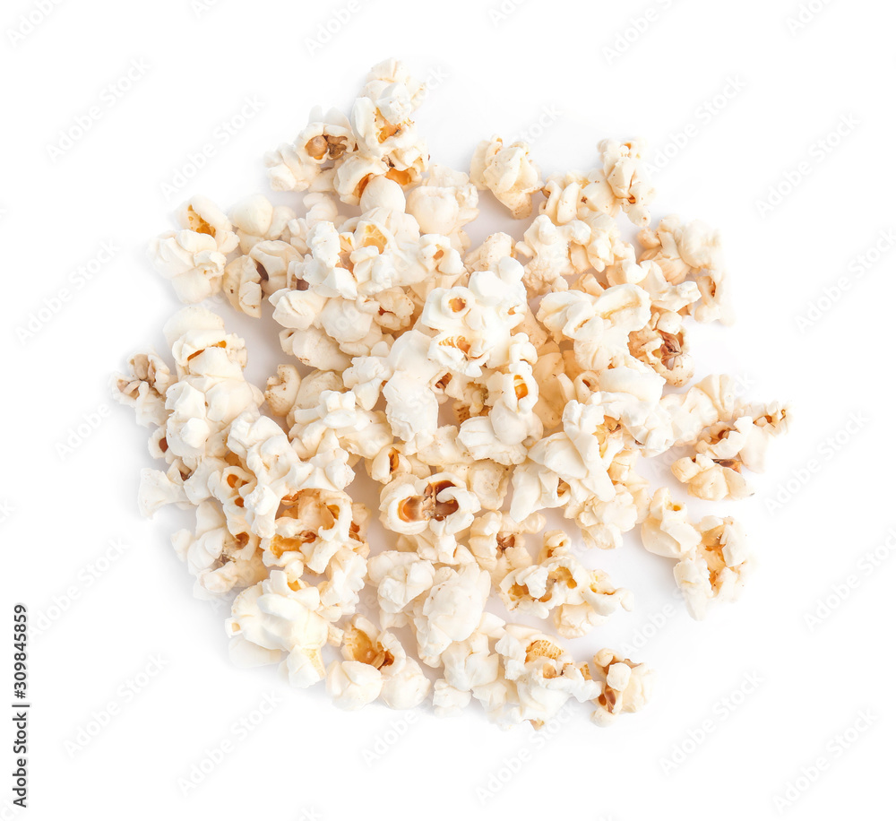 Tasty fresh pop corn isolated on white, top view Tasty fresh pop corn isolated on white, top view