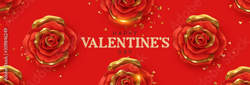 Happy Valentine's Day. Background with realistic 3d flower metal rose, red and gold color, Glitter golden confetti. Pattern of flower buds. Horizontal banner, poster, header for website. Vector