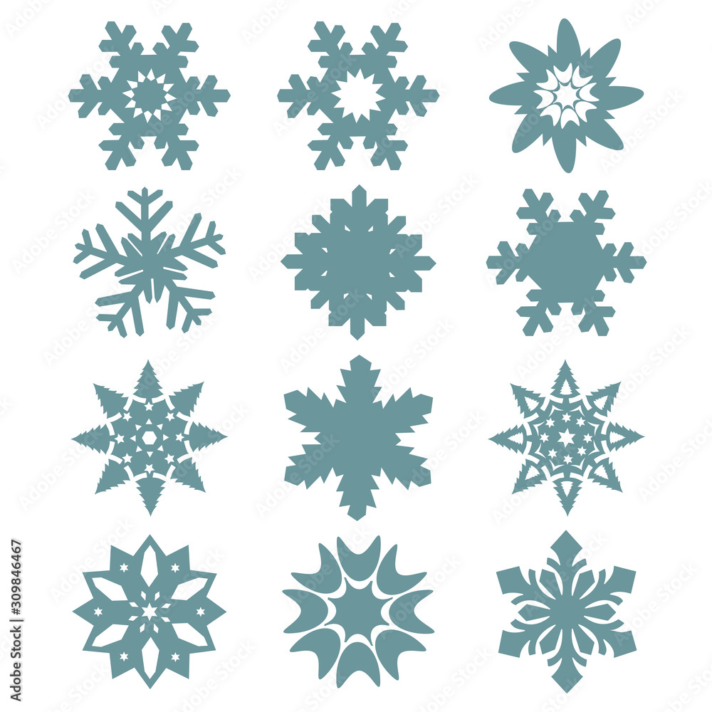 Fototapeta premium Flat snow icons, snow flakes silhouette. Nice element for christmas banner, cards. New year ornament.