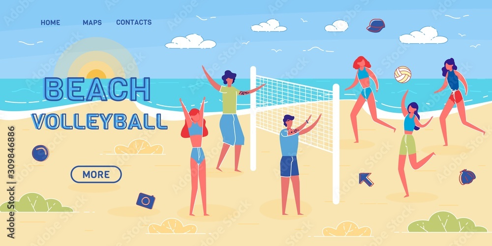 Beach Volleyball Flat Vector Landing Page Template