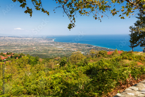 Fototapeta Naklejka Na Ścianę i Meble -  Landscape of Greece. Coast of Aegean sea near Olimpic Mountain. View from Palaios Panteleimonas.