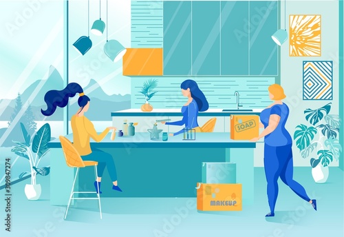 Girlfriends Make Cosmetics at Home, Vector Banner.