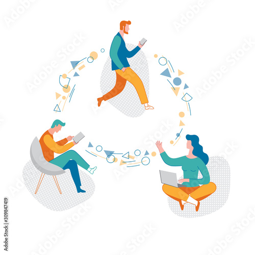 A girl and two men send each other messages. Messages are sent to a laptop, smartphone and tablet.