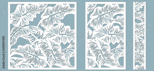 Set template for cutting. Palm leaves pattern. Laser cut. Vector illustration.