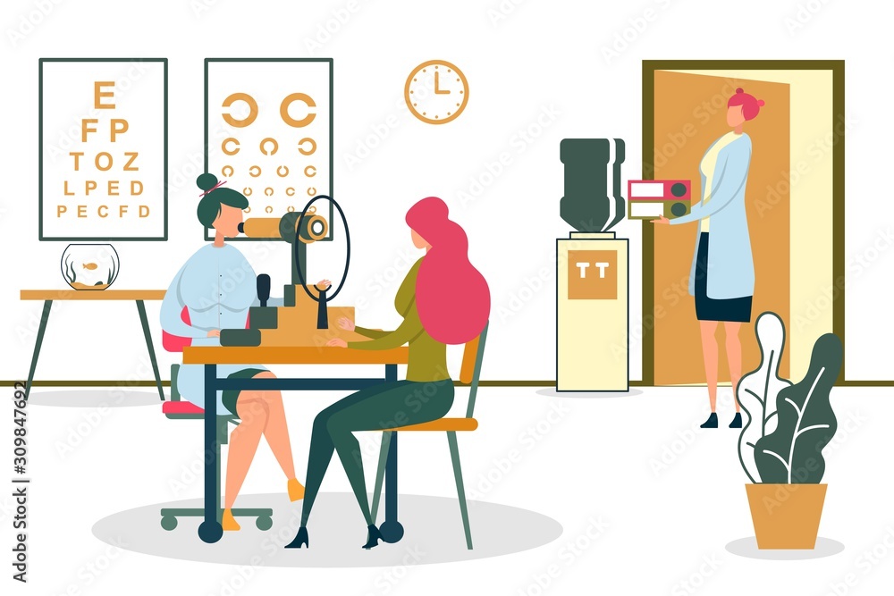 Woman Ophthalmologist Checking Patients Eyesight. Woman Ophthalmologist Checking Patients Eyesight.
