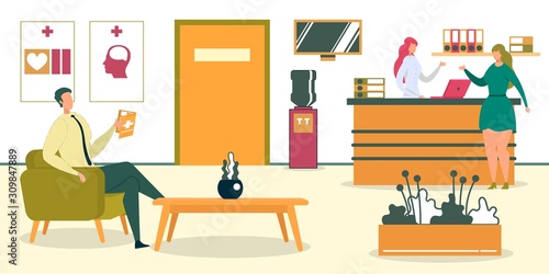 Man Sitting at Reception Area in Hospital, Clinic.