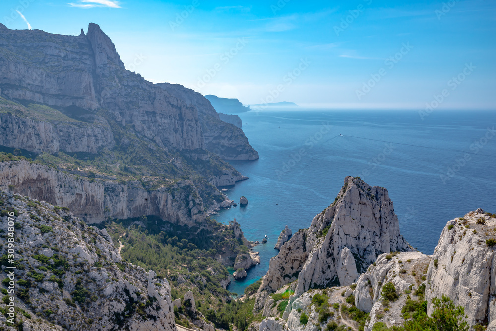 Panoramic view on the Sugiton Calanque seen from a lookout, Marseille, France