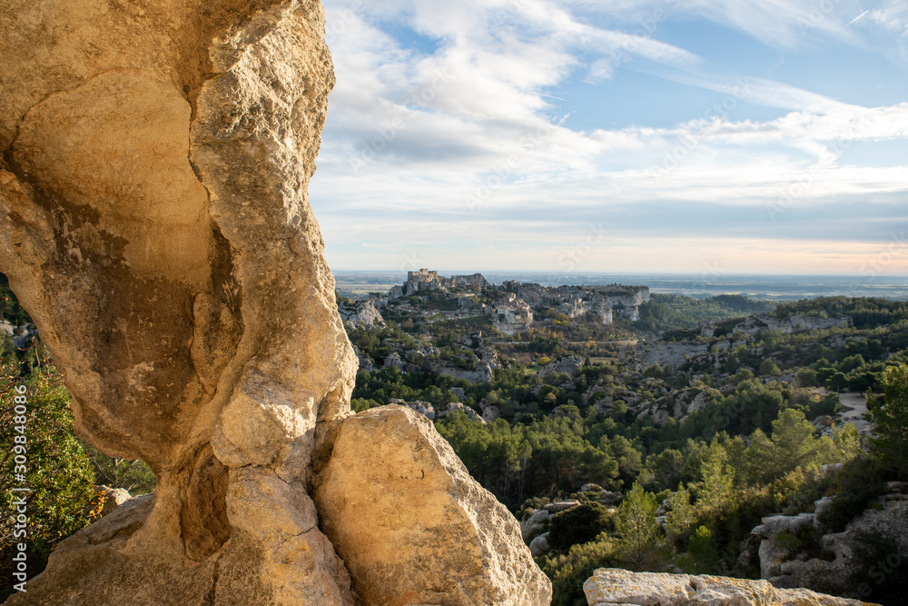 View from Oeil d'Erosion over Baux de Provence in the Alpilles, South of France at Sunset