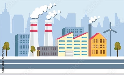 Banner Factory Buildings in Metropolis, Cartoon.