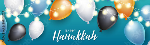 Happy Hanukkah. Traditional Jewish holiday. Chankkah banner or website header background design concept. Judaic religion decor with balloons and lights. Vector illustration.