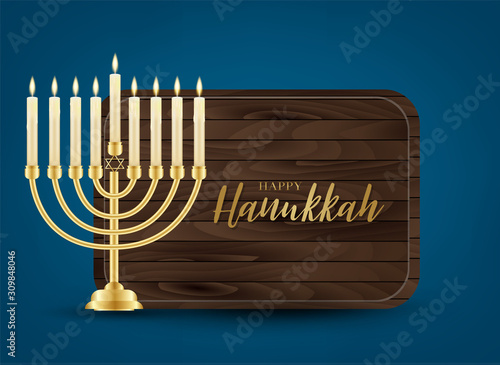 Happy Hanukkah. Traditional Jewish holiday. Chankkah banner or wallpaper background design concept. Judaic religion decor with Menorah, candles, wooden sign board. Vector illustration. photo