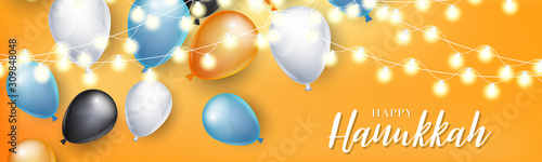 Happy Hanukkah. Traditional Jewish holiday. Chankkah banner or website header background design concept. Judaic religion decor with balloons and lights. Vector illustration.