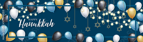 Happy Hanukkah. Traditional Jewish holiday. Chankkah banner or website header background design concept. Judaic religion decor with garland, David star, balloons. Vector illustration.