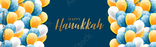 Happy Hanukkah. Traditional Jewish holiday. Chankkah banner or website header background design concept. Judaic religion decor with golden lettering and balloons. Vector illustration.