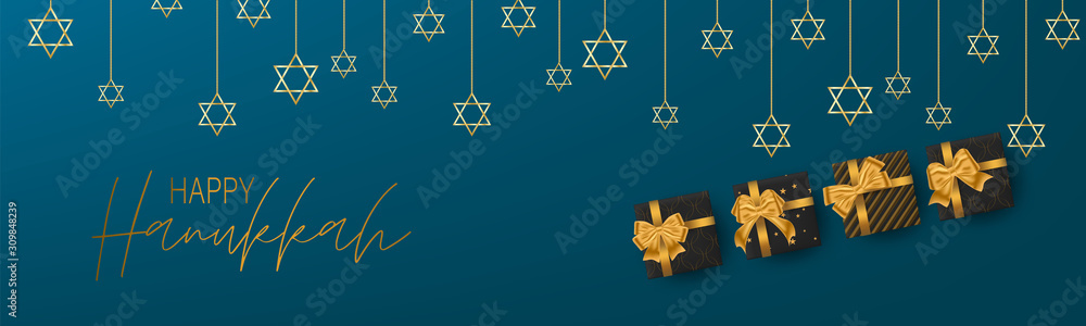 Happy Hanukkah. Traditional Jewish holiday. Chankkah banner or website header background design concept. Judaic religion decor with black luxury gift boxes with golden ribbon. Vector illustration.