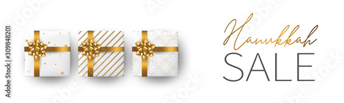 Hanukkah sale. Traditional Jewish holiday. Chankkah banner or website header background design concept. Judaic religion decor with white luxury gift boxes with golden ribbon. Vector illustration.